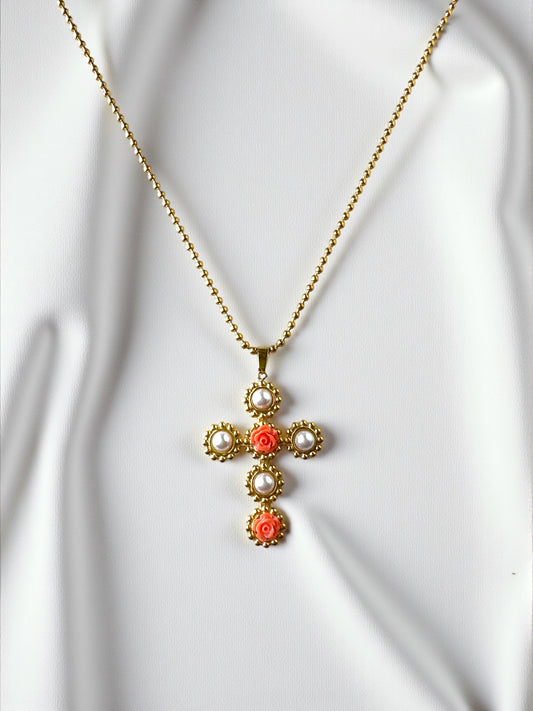 Collana Con Croce Di Perle e Rose Gold